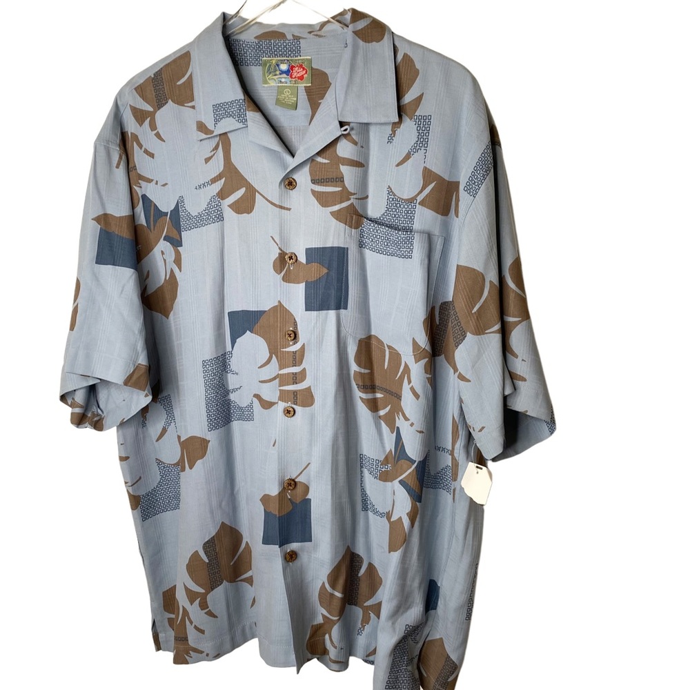 The Hawaiian Original Hilo Hattie Silk Button Down Blue Tan Tropical Fern Large